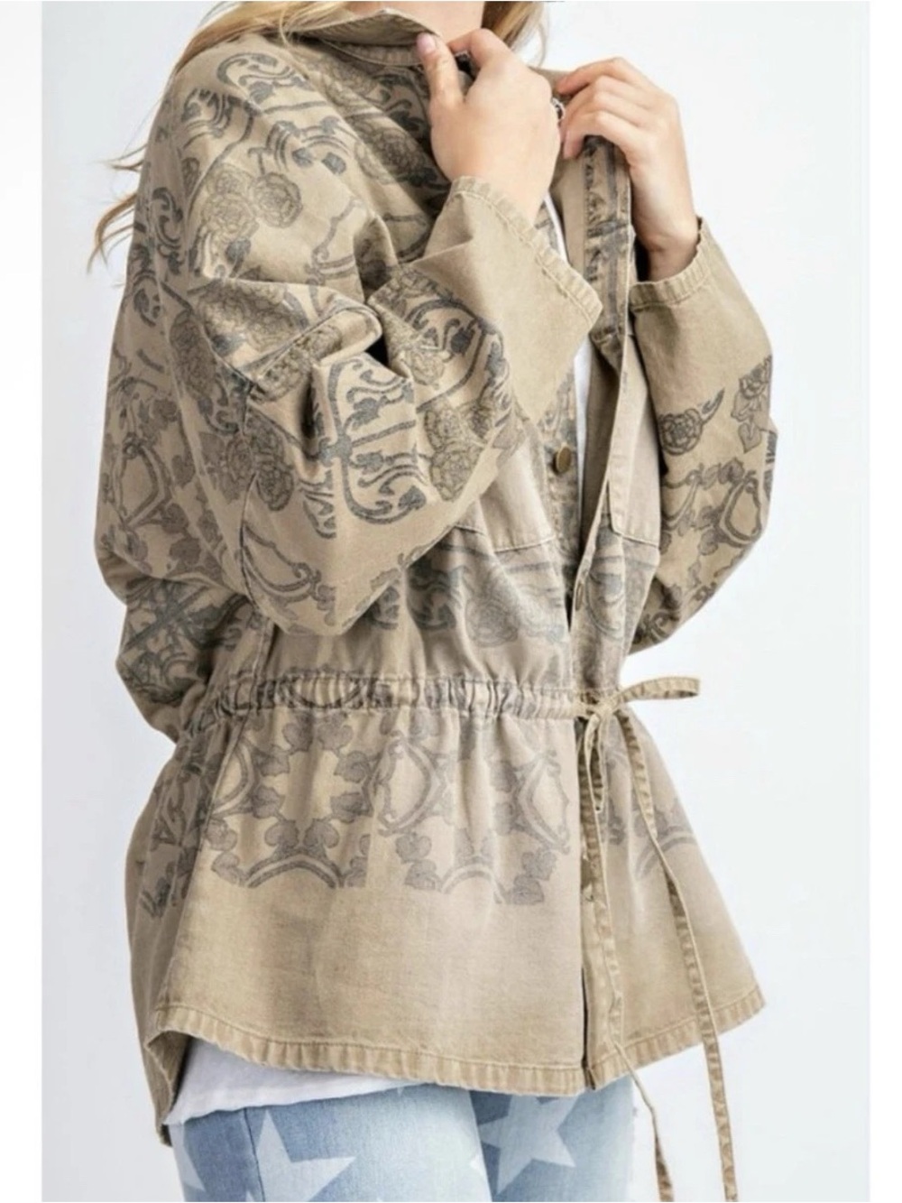 NWT!! easel Taupe Paisley Drawstring Utility Jacket